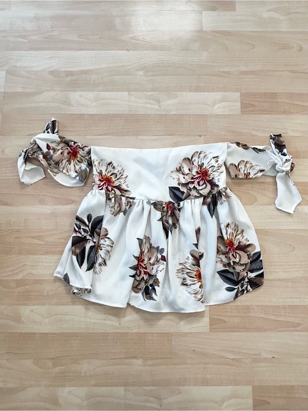 Saks Fifth Avenue Cream Off-Shoulder Floral Tie-Sleeve Top
